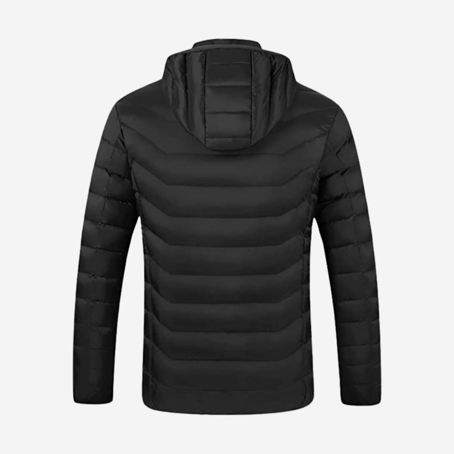 Achteraanzicht van een verwarmde winterjas met capuchon