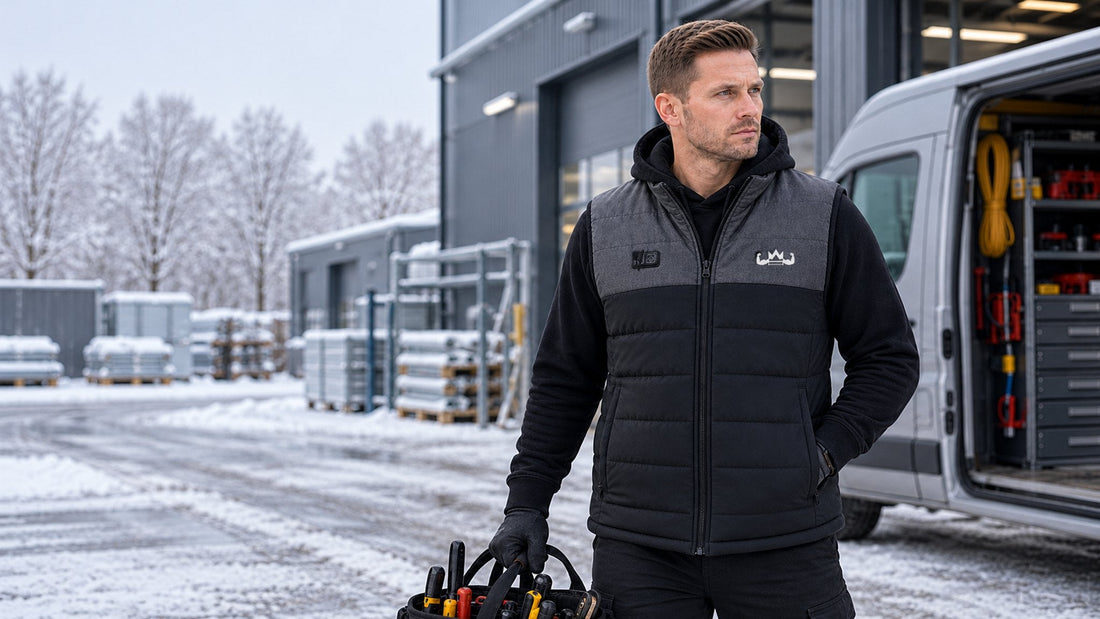 Man met grijs-zwarte verwarmde KingsPower-bodywarmer bij een bedrijfsbus met gereedschap op een besneeuwd bedrijfsterrein