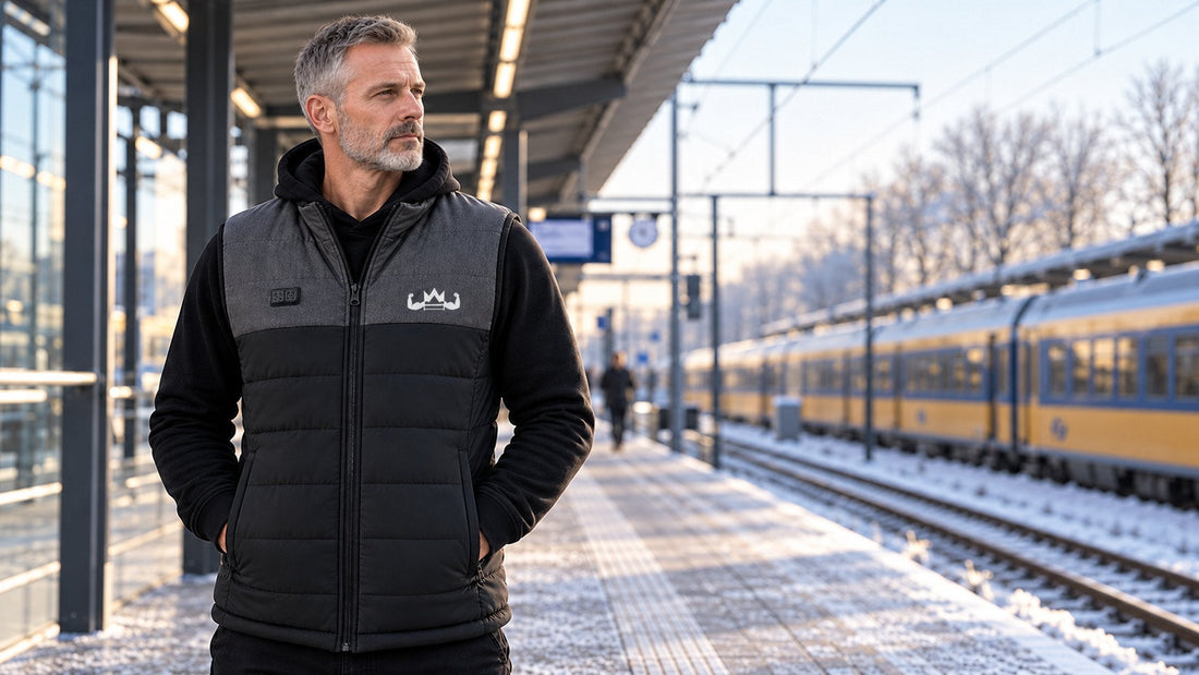Man in een grijs-zwarte verwarmde KingsPower-bodywarmer op een besneeuwd treinperron