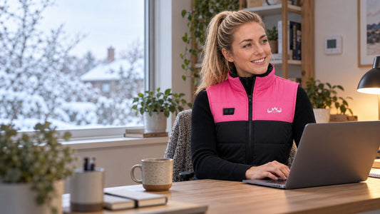 Vrouw in een roze-zwarte verwarmde KingsPower-bodywarmer aan haar bureau bij een winters raam