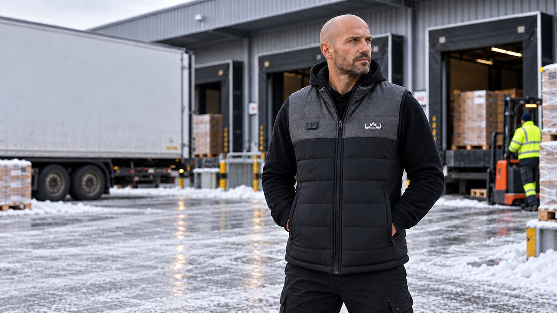 Man in een grijs-zwarte verwarmde KingsPower-bodywarmer bij een laadperron van een distributiecentrum in de sneeuw