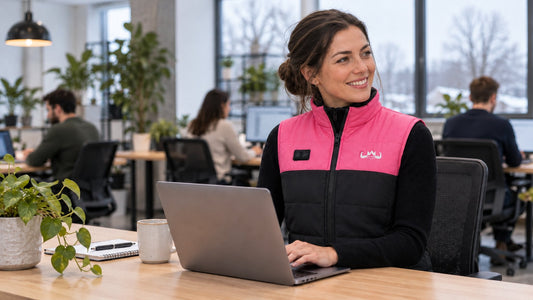 Vrouw in een roze-zwarte verwarmde KingsPower-bodywarmer aan haar bureau in een kantoor