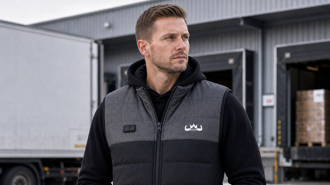 Man in een grijs-zwarte verwarmde KingsPower-bodywarmer bij de laaddocks van een distributiecentrum