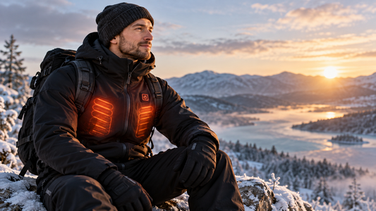 Man met verwarmde kleding in winterse omstandigheden voor thermisch comfort
