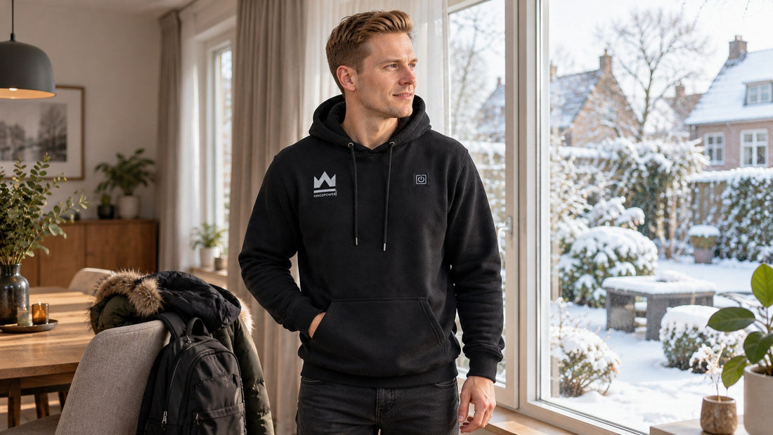 Man in een zwarte verwarmde KingsPower-hoodie in een lichte woonkamer, klaar om naar buiten te gaan