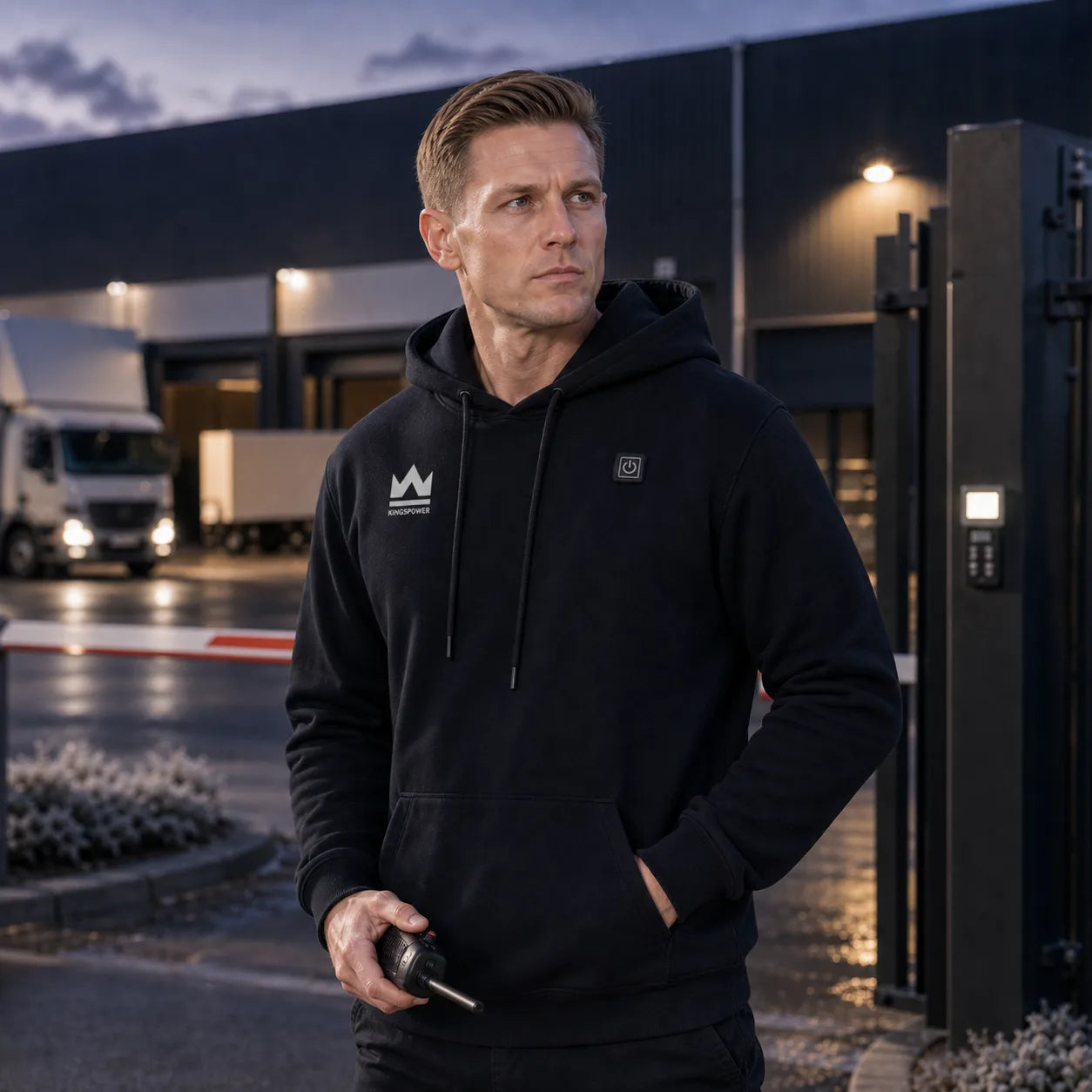 Beveiliger met KingsPower verwarmde hoodie bij magazijnpoort in koude avond